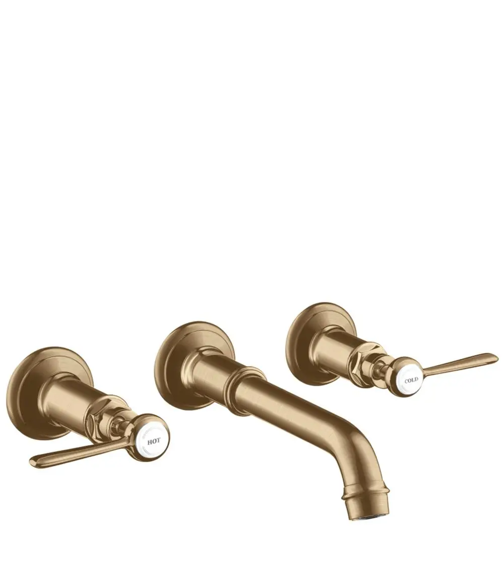 Waschtischarmatur von AXOR mit drei Griffen für Wandmontage. Auslauf nach unten gerichtet, in brushed Bronze. Zugriff auf heißes und kaltes Wasser über die Hebel.